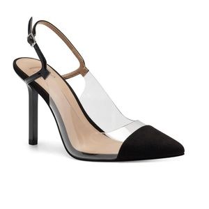 INC clear/black slingback pumps